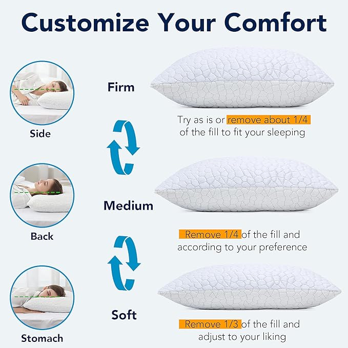 Memory Foam Cooling Bed Pillows for Sleeping, King/Queen Size Set of 2, Shredded Gel Pillows