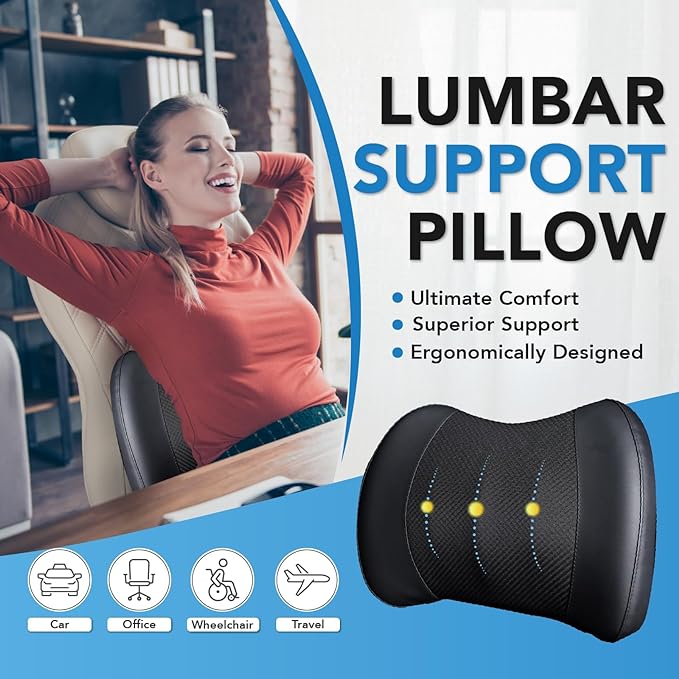 Memory Foam Lumbar Pillow for Lower Back Pain Relief - Cushion for Car, Office Chair & Wheelchair