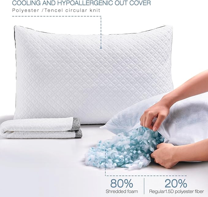 Shredded Memory Foam Pillows, King Queen Cooling Tencel Circular Knit Pillow, Adjustable for All Sleepers