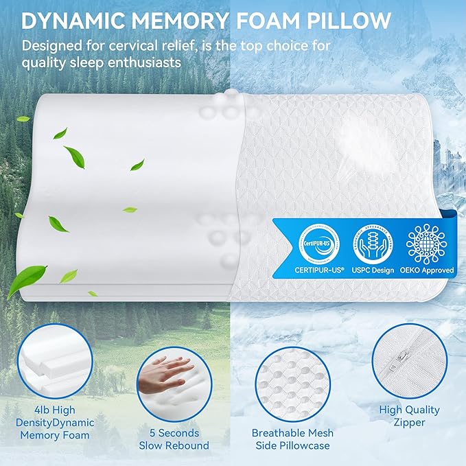 Sandwich Cervical Neck Pillow Queen Size, Adjustable Contour Ergonomic Orthopedic Cooling Dynamic Memory Foam Pillow for Sleeping