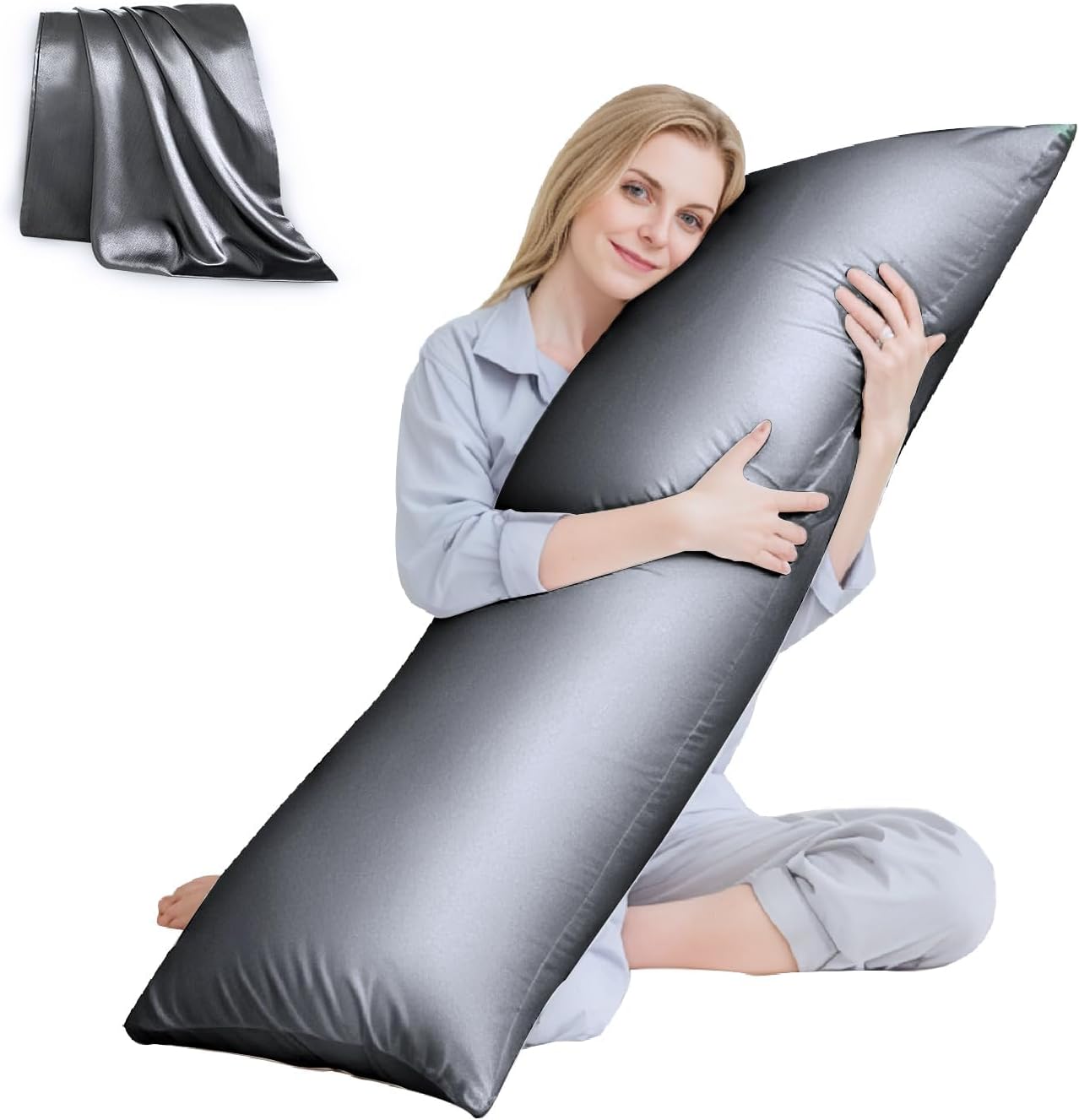 Body Pillow with Satin Pillowcase ,Long Pillow for Bed with Removable Cover, Grey (20"x54")